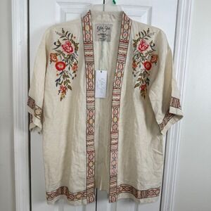 Kyla Seo Eliana Jacket Small Microchip Grey Embroidered Linen Kimono NWT Boho